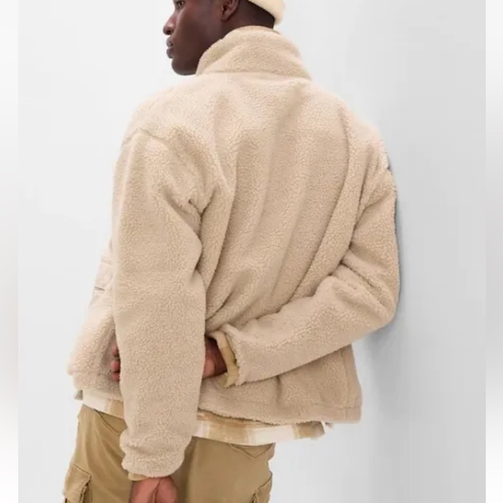 NWT GAP Men Sherpa Full-Zip Surplus Jacket Fleece Pockets Mockneck Beige $128 - Picture 3 of 8